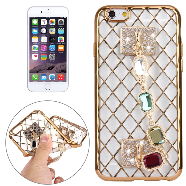For iPhone 6 & 6s Grid Texture Diamond Encrusted Hand Chain Electroplating Frame TPU Protective Case(Gold)