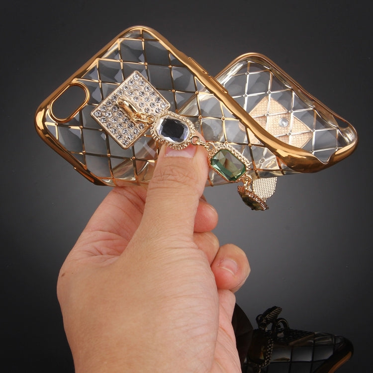 For iPhone 6 & 6s Grid Texture Diamond Encrusted Hand Chain Electroplating Frame TPU Protective Case(Gold)