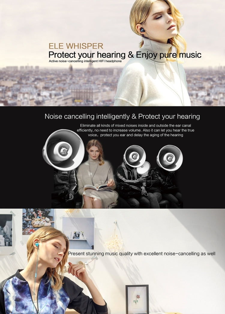 ELE Whisper 3.5mm In-Ear Active Noise Cancelling HiFi Stereo Wire Control Earphone with Mic, For iPad, iPhone, Galaxy, Huawei, Xiaomi, LG, HTC and Other Smart Phones(Grey)