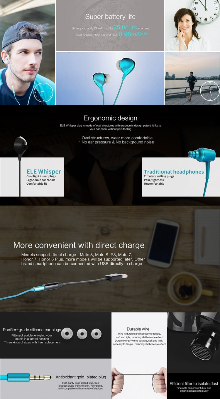 ELE Whisper 3.5mm In-Ear Active Noise Cancelling HiFi Stereo Wire Control Earphone with Mic, For iPad, iPhone, Galaxy, Huawei, Xiaomi, LG, HTC and Other Smart Phones(Grey)