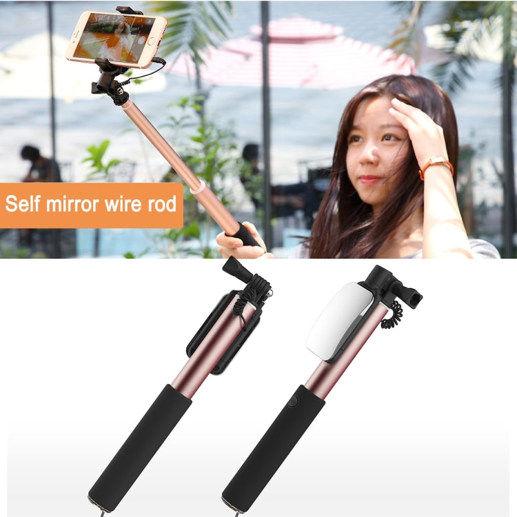 ROCK Portable Wire Controlled Monopod Folding Extendable Handheld Holder Selfie Stick with Dressing Mirror for iOS & Android Phone, Folded Length: 24.5cm, Max Extension Length: 90.0cm