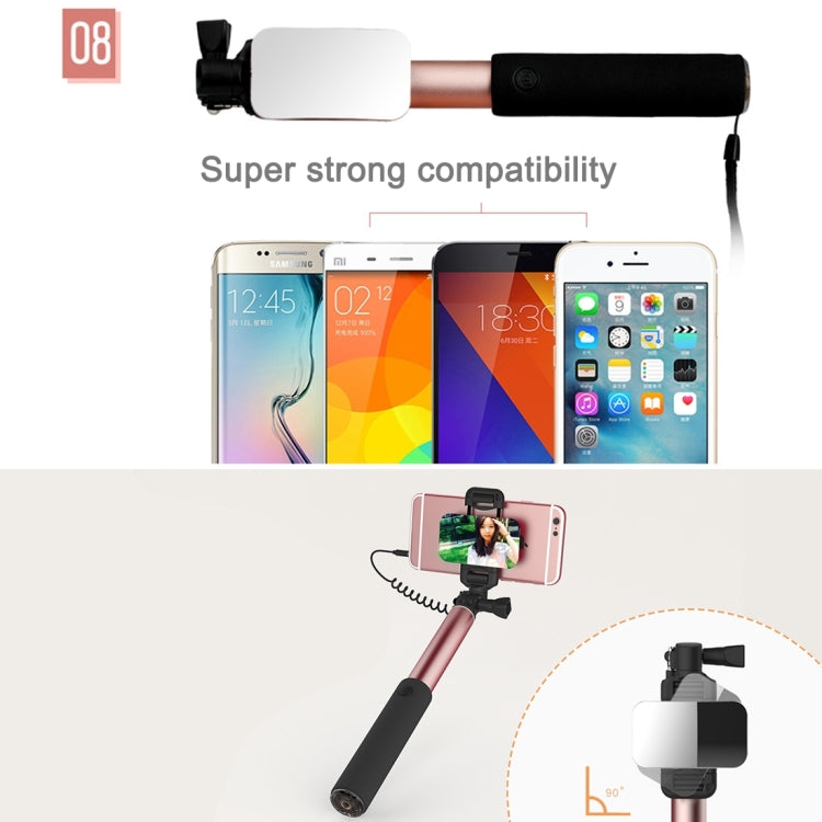 ROCK Portable Wire Controlled Monopod Folding Extendable Handheld Holder Selfie Stick with Dressing Mirror for iOS & Android Phone, Folded Length: 24.5cm, Max Extension Length: 90.0cm