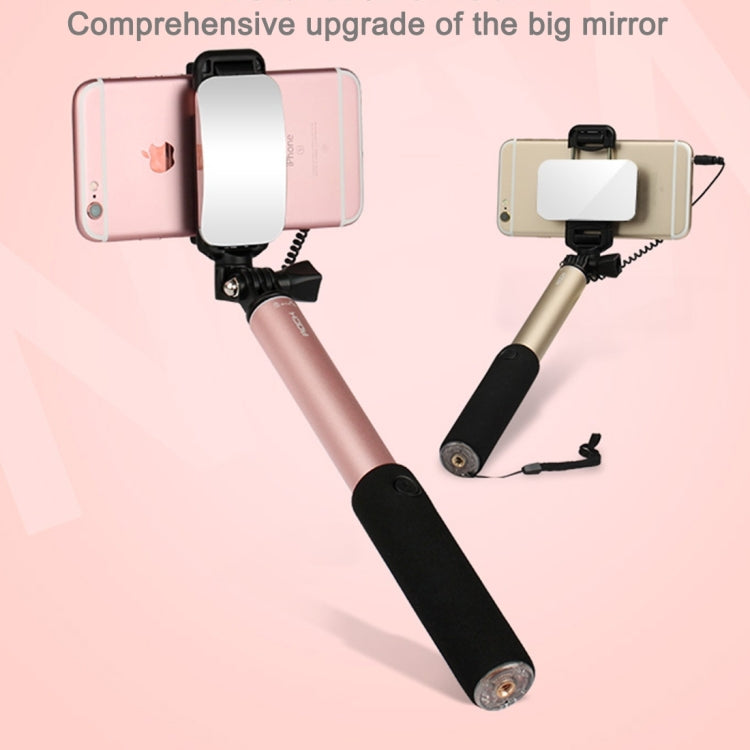 ROCK Portable Wire Controlled Monopod Folding Extendable Handheld Holder Selfie Stick with Dressing Mirror for iOS & Android Phone, Folded Length: 24.5cm, Max Extension Length: 90.0cm