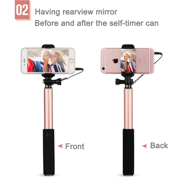 ROCK Portable Wire Controlled Monopod Folding Extendable Handheld Holder Selfie Stick with Dressing Mirror for iOS & Android Phone, Folded Length: 24.5cm, Max Extension Length: 90.0cm