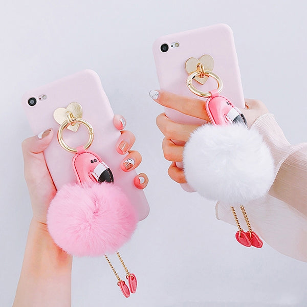For iPhone 6 & 6s Fashion Flamingo Furry Ball Pendant Full Coverage Protective Back Cover Case