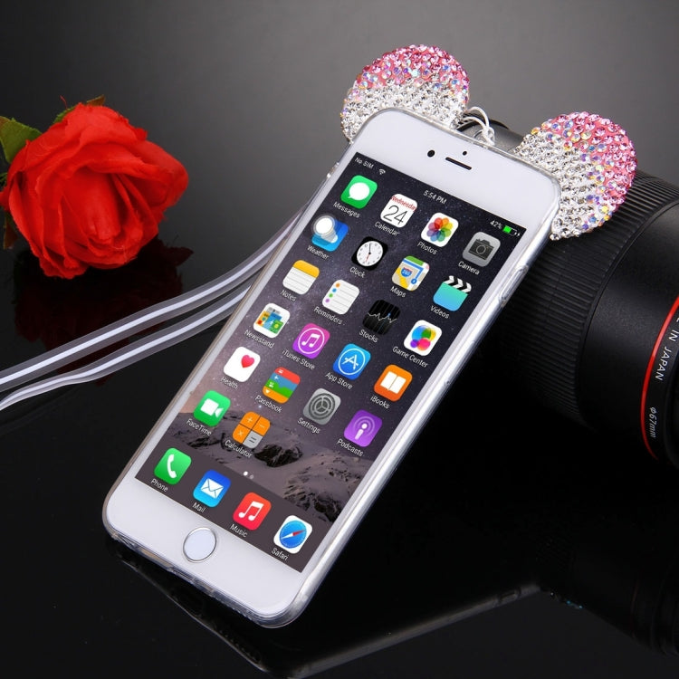 For iPhone 6 Plus & 6s Plus Mouse Ear Diamond Pattern Transparent TPU Protective Case with Lanyard