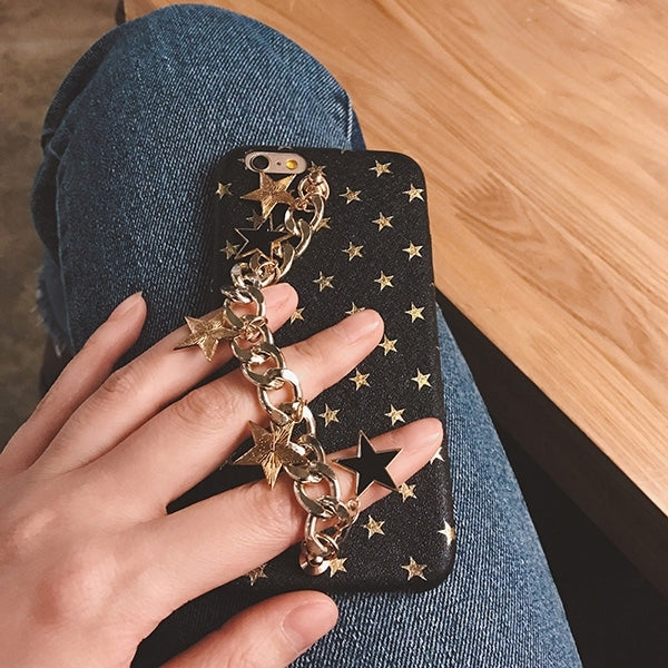 For iPhone 6 Plus & 6s Plus Gold Stars Pattern Protective Back Cover Case with Metal Star Pandent Hand Chain (Black)