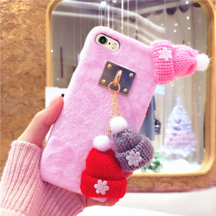 For iPhone 6 Plus & 6s Plus Christmas Series Handmade Christmas Wool Hat Plush Surface Protective Back Cover Case with Chain