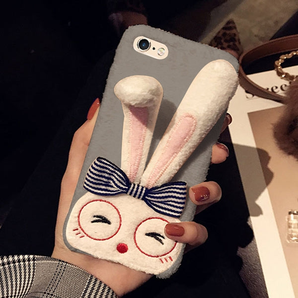 For iPhone 6 Plus & 6s Plus Lovely Rabbit Ear Holder Warm Plush Full Coverage Protective Back Cover Case