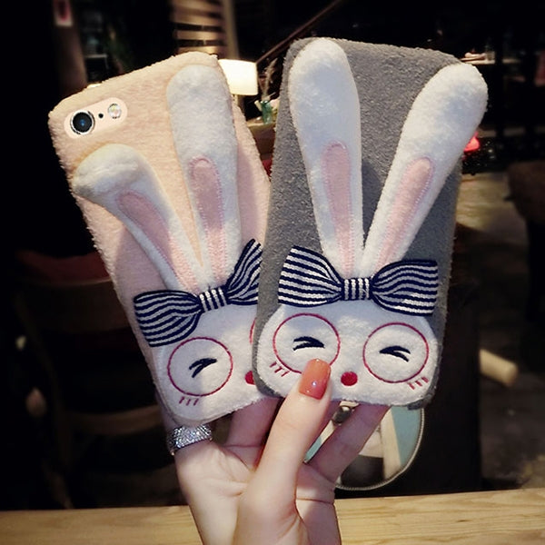 For iPhone 6 Plus & 6s Plus Lovely Rabbit Ear Holder Warm Plush Full Coverage Protective Back Cover Case