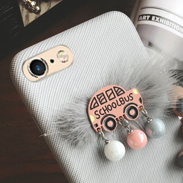For iPhone 6 Plus & 6s Plus Plush School Bus Pattern Protective Back Cover Case with Sling & Small Ball Pendant