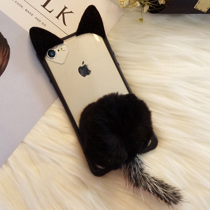 For iPhone 6 Plus & 6s Plus Cute Plush Tail Cat Protective Back Cover Case with Furry Ball