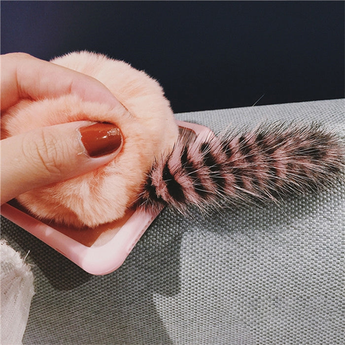 For iPhone 6 Plus & 6s Plus Cute Plush Tail Cat Protective Back Cover Case with Furry Ball
