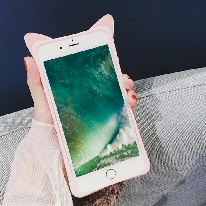 For iPhone 6 Plus & 6s Plus Cute Plush Tail Cat Protective Back Cover Case with Furry Ball