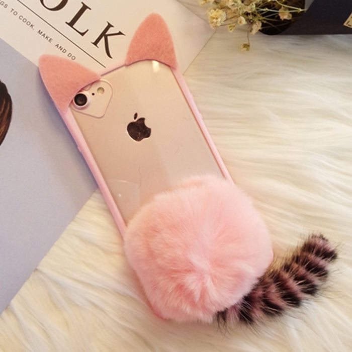 For iPhone 6 Plus & 6s Plus Cute Plush Tail Cat Protective Back Cover Case with Furry Ball