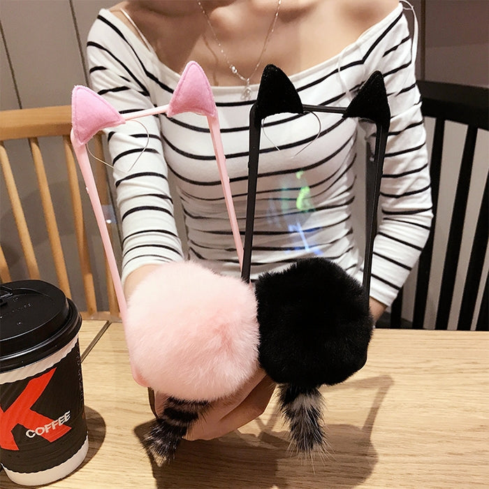 For iPhone 6 Plus & 6s Plus Cute Plush Tail Cat Protective Back Cover Case with Furry Ball