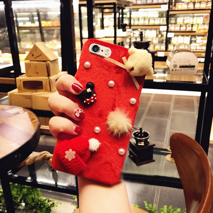 For iPhone 6 Plus & 6s Plus Christmas Series Cute Dolls Handmade Wool Hat Plush Surface Protective Back Cover Case(Red)