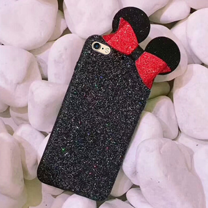 For iPhone 6 Plus & 6s Plus Glitter Powder Frosted Mickey Ear Bowknot Protective Back Cover Case