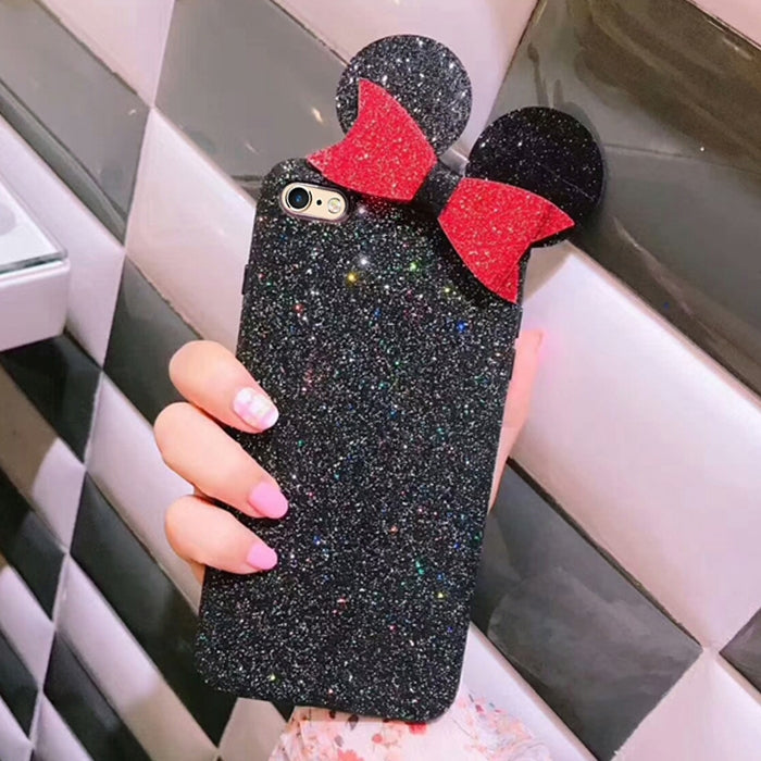 For iPhone 6 Plus & 6s Plus Glitter Powder Frosted Mickey Ear Bowknot Protective Back Cover Case