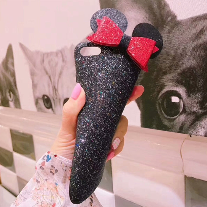 For iPhone 6 Plus & 6s Plus Glitter Powder Frosted Mickey Ear Bowknot Protective Back Cover Case