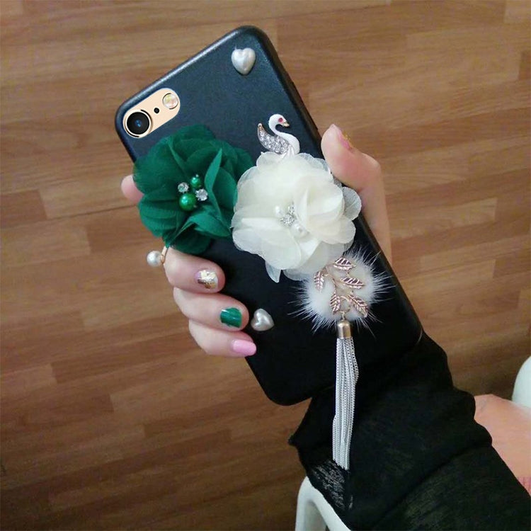 For iPhone 6 Plus & 6s Plus Flower and Swan Pattern Full Coverage Protective Back Cover Case with Tassel Pendant