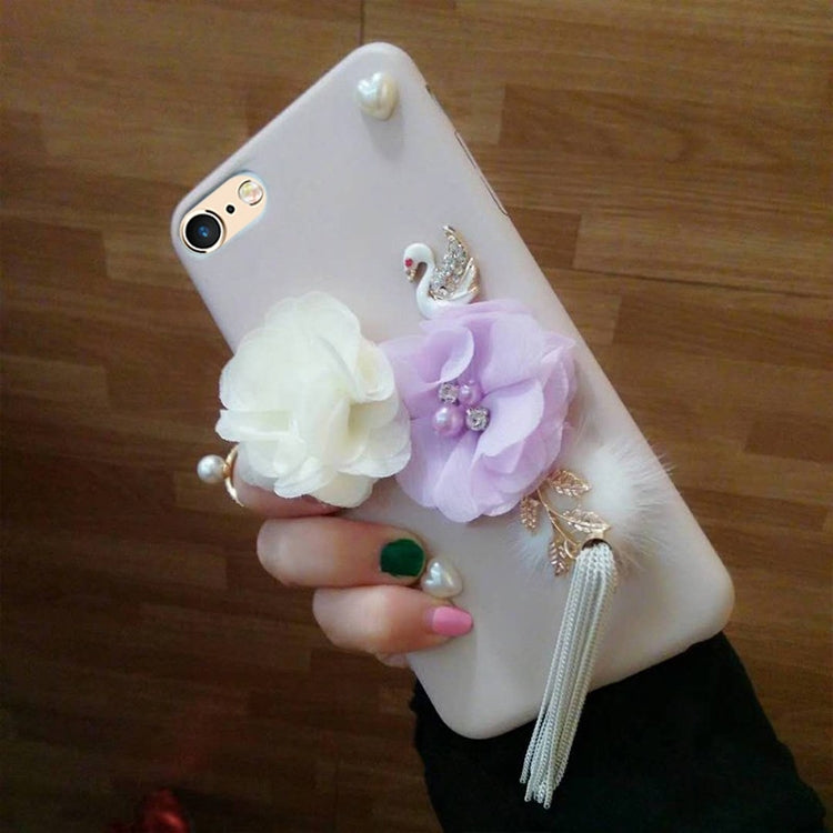 For iPhone 6 Plus & 6s Plus Flower and Swan Pattern Full Coverage Protective Back Cover Case with Tassel Pendant