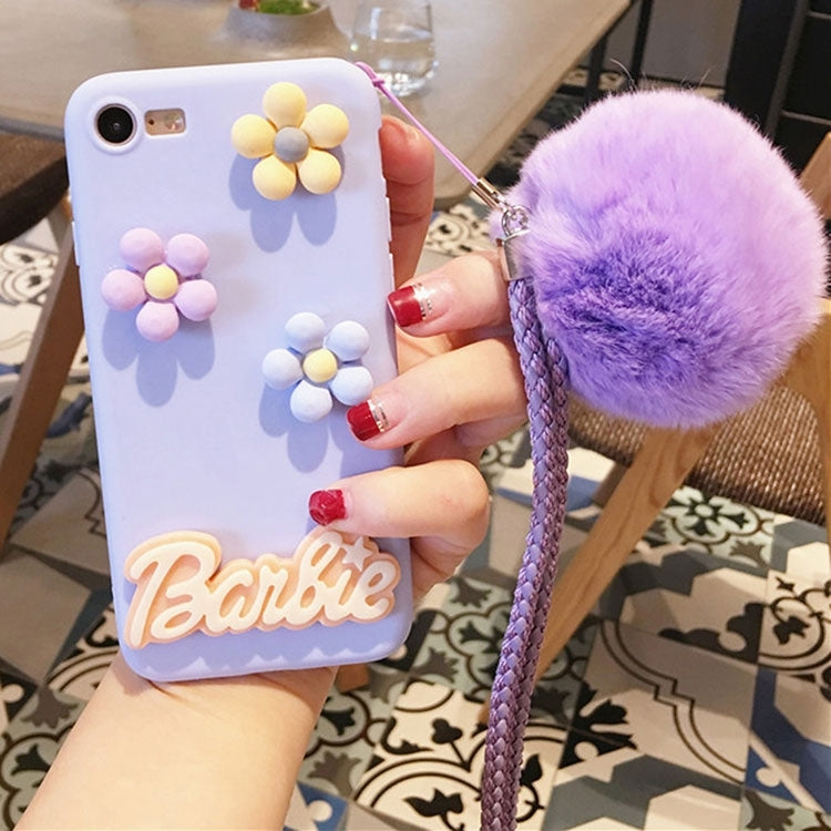 For iPhone 6 Plus & 6s Plus 3D Flower Pattern Furry Ball Silicone Protective Case with Sling (Purple)