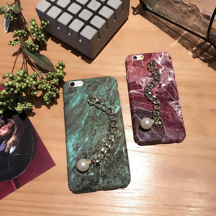 For iPhone 6  Plus & 6s Plus Marble Pattern Full Coverage Hard Protective Back Cover Case with Pearls Hand Chain (Red)
