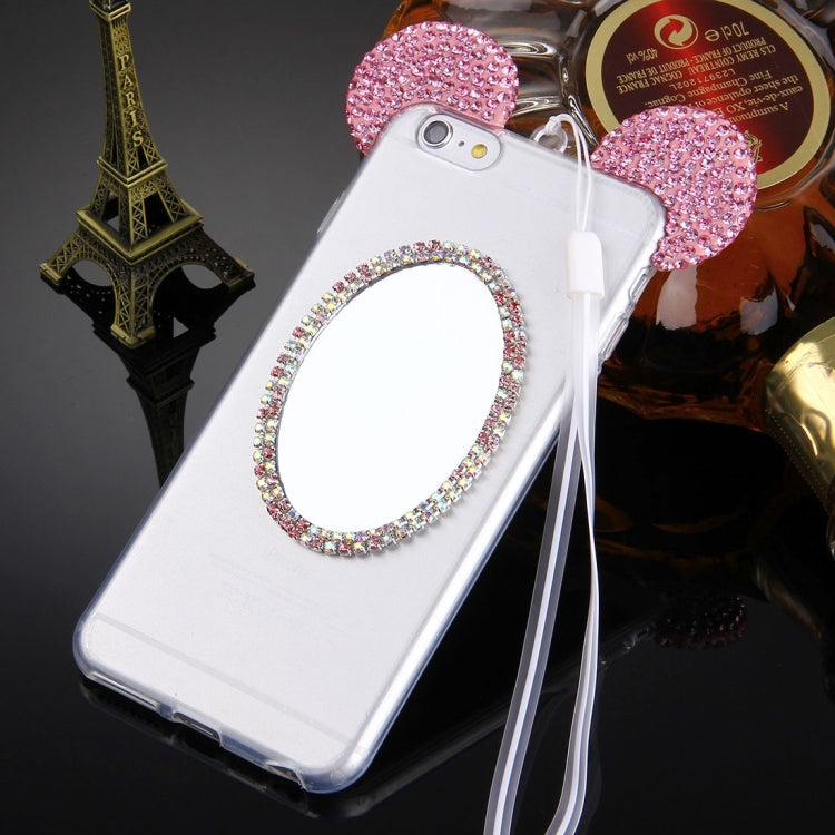 For iPhone 6 Plus & 6s Plus Mouse Ear Diamond Pattern Transparent TPU Protective Case with Lanyard & Mirror