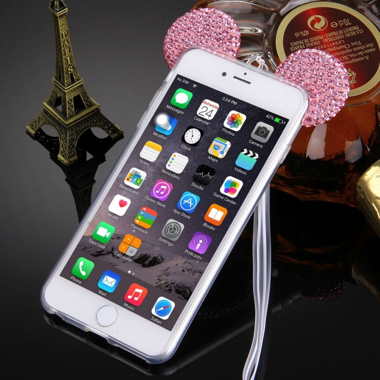 For iPhone 6 Plus & 6s Plus Mouse Ear Diamond Pattern Transparent TPU Protective Case with Lanyard & Mirror