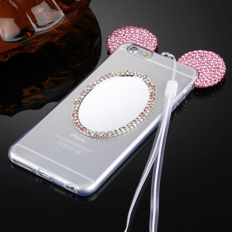 For iPhone 6 Plus & 6s Plus Mouse Ear Diamond Pattern Transparent TPU Protective Case with Lanyard & Mirror