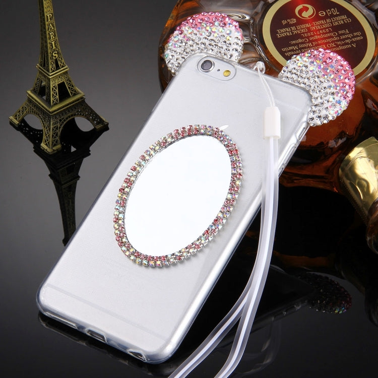 For iPhone 6 Plus & 6s Plus Mouse Ear Diamond Pattern Transparent TPU Protective Case with Lanyard & Mirror