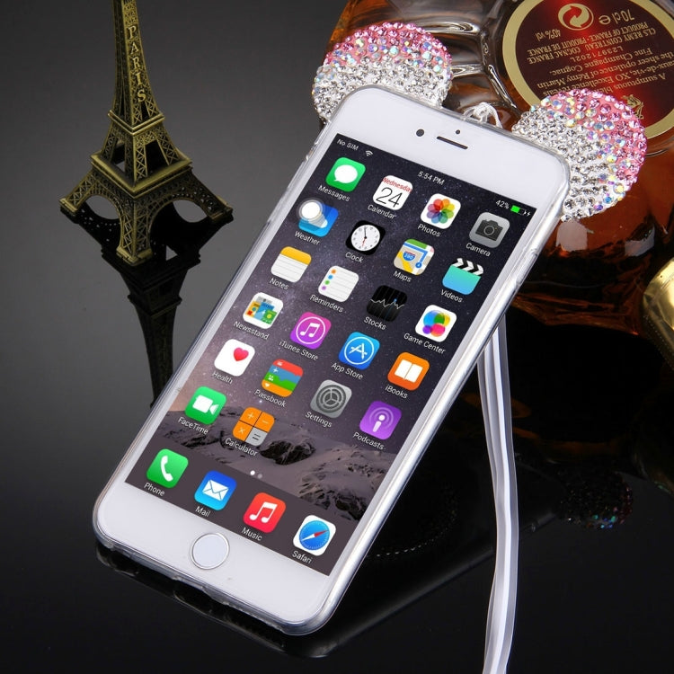 For iPhone 6 Plus & 6s Plus Mouse Ear Diamond Pattern Transparent TPU Protective Case with Lanyard & Mirror