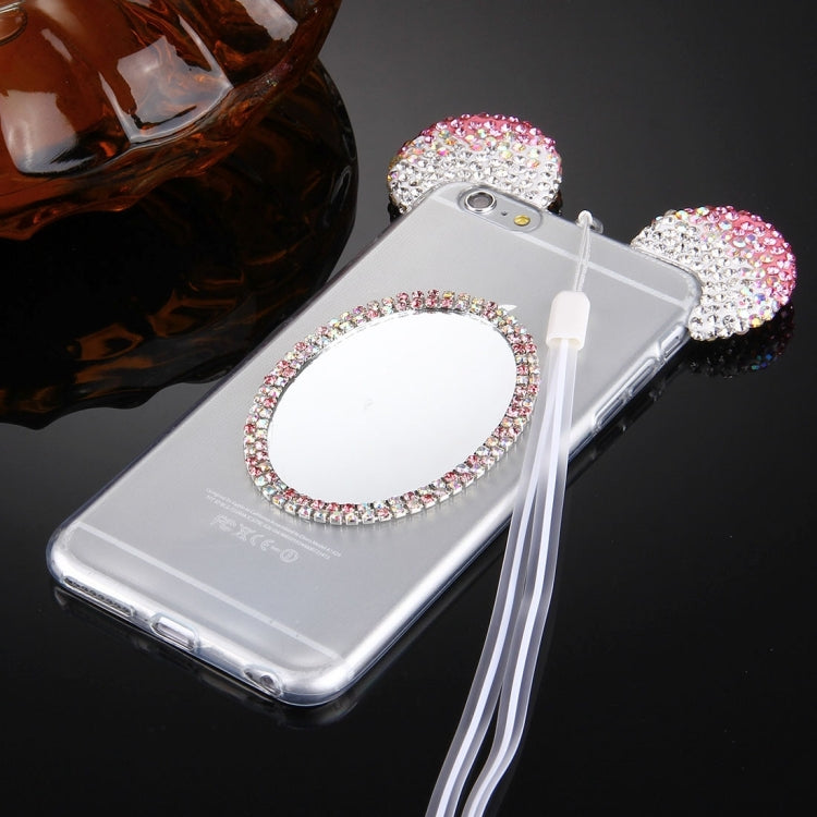 For iPhone 6 Plus & 6s Plus Mouse Ear Diamond Pattern Transparent TPU Protective Case with Lanyard & Mirror