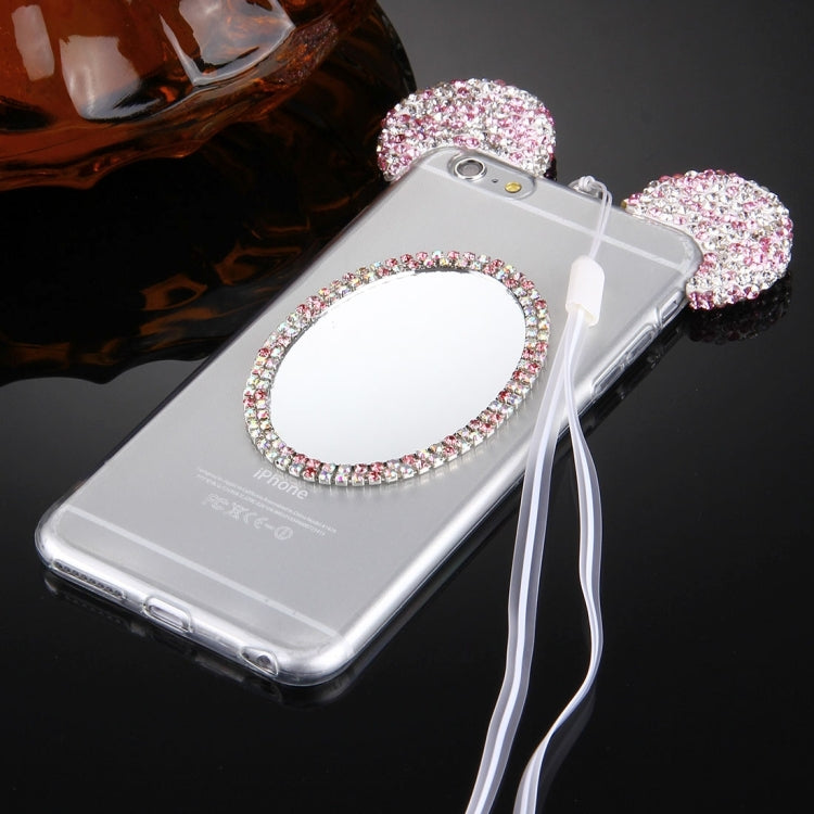 For iPhone 6 Plus & 6s Plus Mouse Ear Diamond Pattern Transparent TPU Protective Case with Lanyard & Mirror