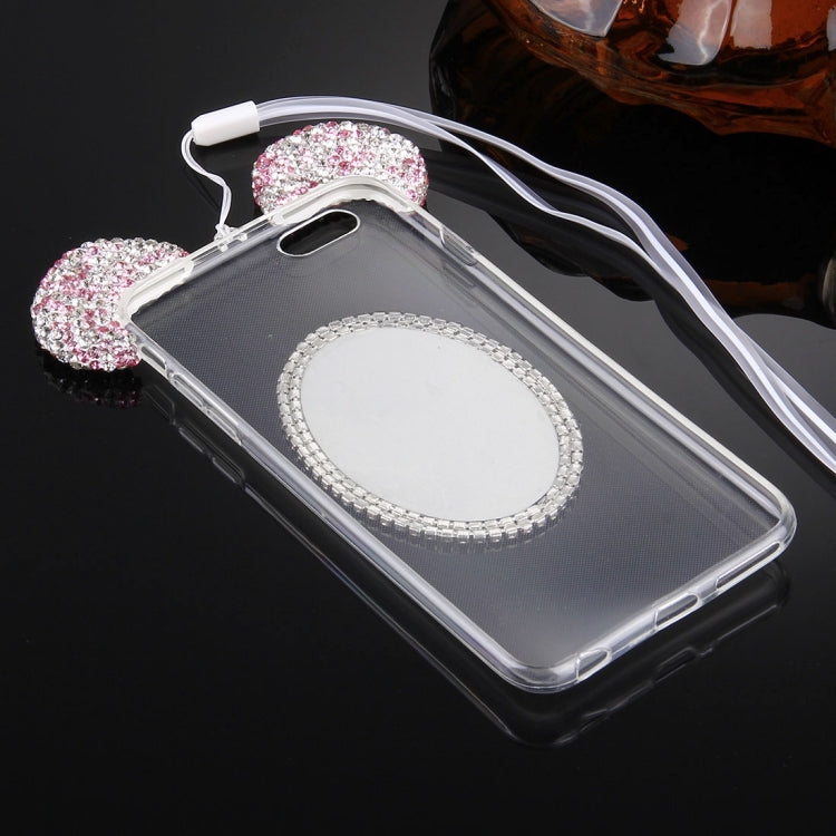For iPhone 6 Plus & 6s Plus Mouse Ear Diamond Pattern Transparent TPU Protective Case with Lanyard & Mirror