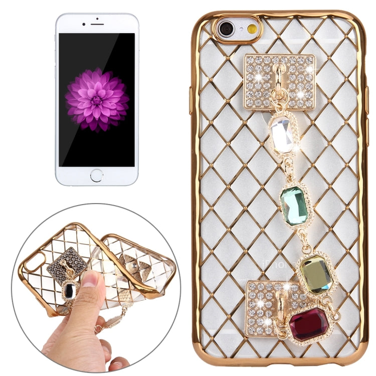 For iPhone 6 Plus & 6s Plus Grid Texture Diamond Encrusted Hand Chain Electroplating Frame TPU Protective Case(Gold)