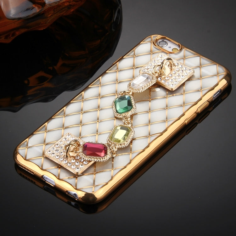 For iPhone 6 Plus & 6s Plus Grid Texture Diamond Encrusted Hand Chain Electroplating Frame TPU Protective Case(Gold)