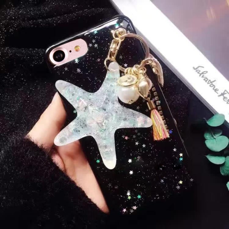 For iPhone 6 Plus & 6s Plus Glitter Powder Starfish Pattern Soft Protective Back Cover Case with Pearls Pendant(Black)