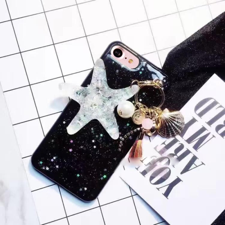For iPhone 6 Plus & 6s Plus Glitter Powder Starfish Pattern Soft Protective Back Cover Case with Pearls Pendant(Black)