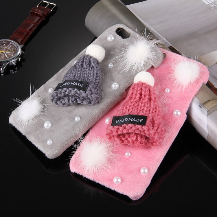 For iPhone 6 Plus & 6s Plus Furry Ball Pearl Christmas Hat Plush Cloth Cover PC Protective Case