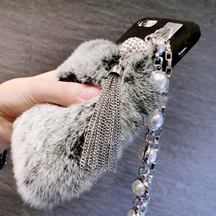 For iPhone 6 Plus & 6s Plus Rabbit Hair Protective Back Cover Case with Diamond Pendant Lanyard