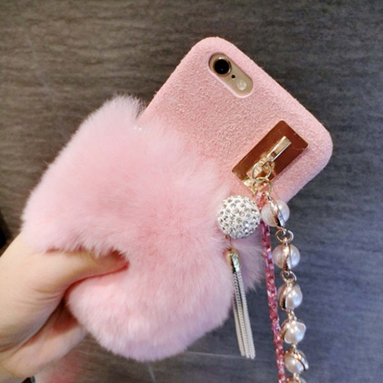 For iPhone 6 Plus & 6s Plus Rabbit Hair Protective Back Cover Case with Diamond Pendant Lanyard