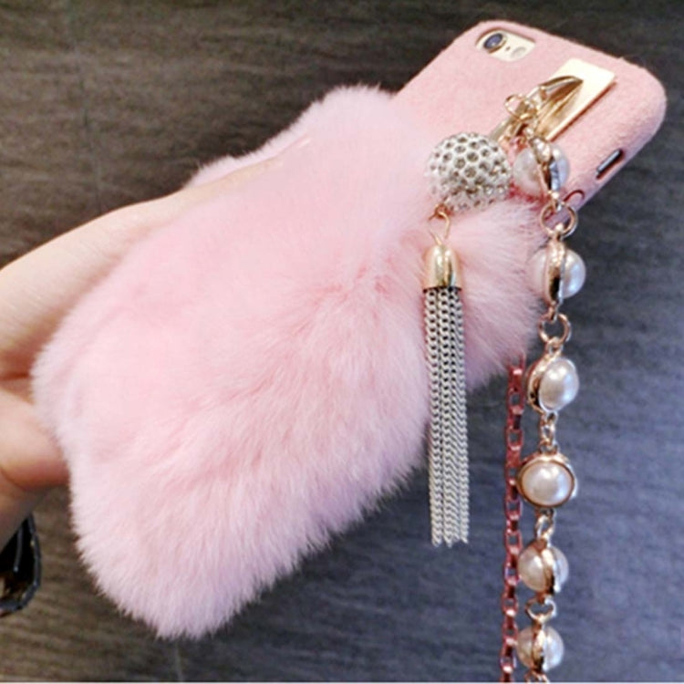 For iPhone 6 Plus & 6s Plus Rabbit Hair Protective Back Cover Case with Diamond Pendant Lanyard