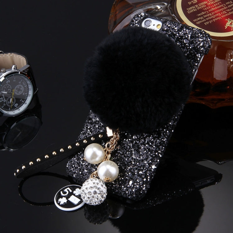 For iPhone 6 Plus & 6s Plus Rabbit Fur Ball Twinkling Paillette Protective Back Cover Case with Pearl Pendant Lanyard