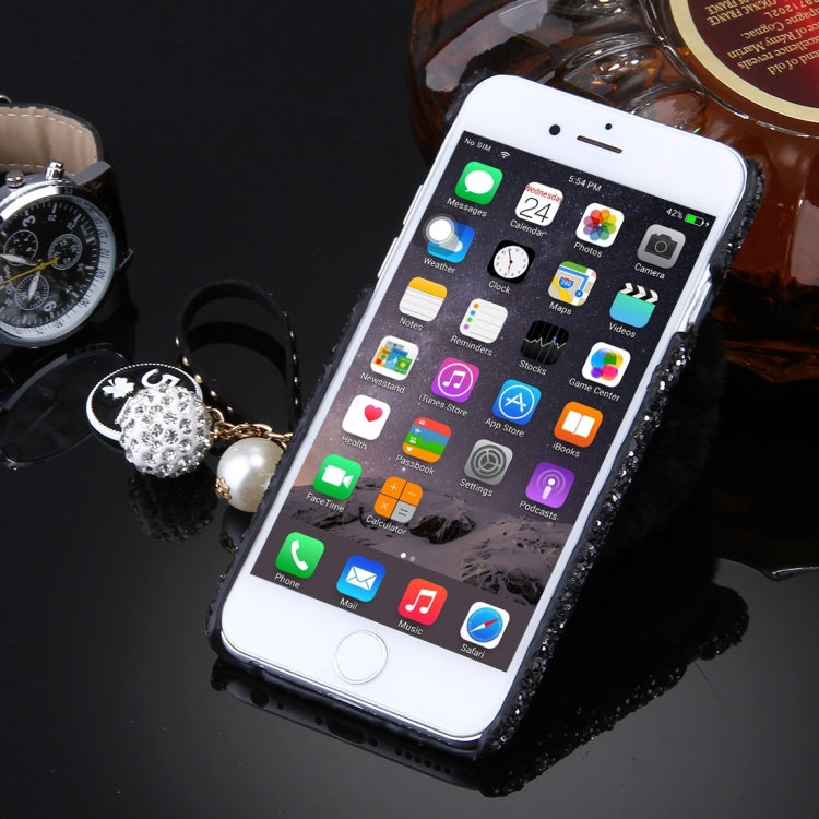 For iPhone 6 Plus & 6s Plus Rabbit Fur Ball Twinkling Paillette Protective Back Cover Case with Pearl Pendant Lanyard
