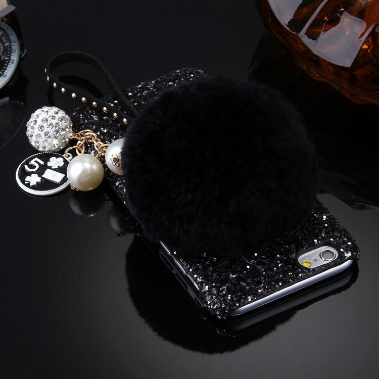For iPhone 6 Plus & 6s Plus Rabbit Fur Ball Twinkling Paillette Protective Back Cover Case with Pearl Pendant Lanyard