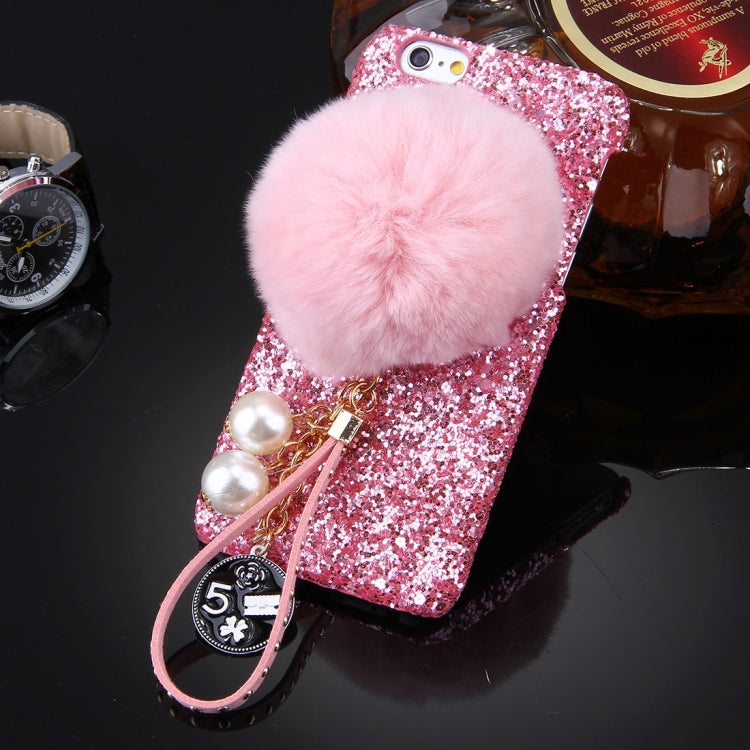 For iPhone 6 Plus & 6s Plus Rabbit Fur Ball Twinkling Paillette Protective Back Cover Case with Pearl Pendant Lanyard