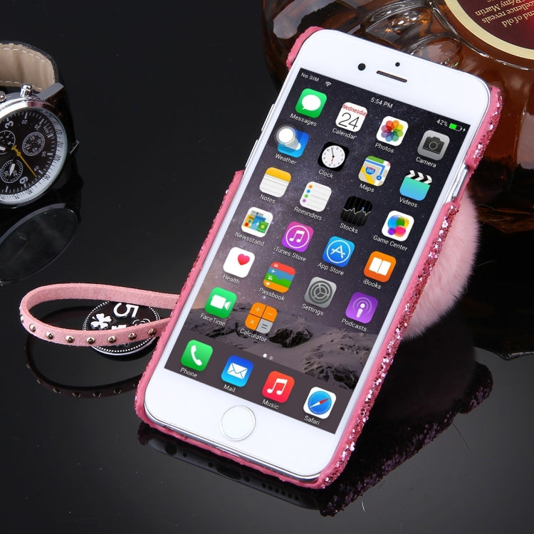 For iPhone 6 Plus & 6s Plus Rabbit Fur Ball Twinkling Paillette Protective Back Cover Case with Pearl Pendant Lanyard