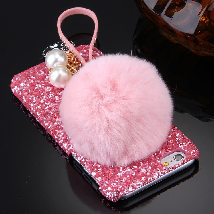 For iPhone 6 Plus & 6s Plus Rabbit Fur Ball Twinkling Paillette Protective Back Cover Case with Pearl Pendant Lanyard